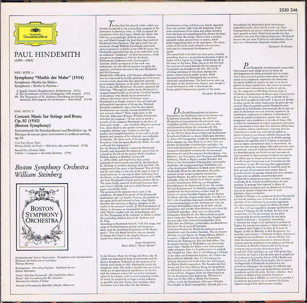 Paul Hindemith, Boston Symphony Orchestra • William Steinberg : Symphonie "Mathis Der Maler" / Konzertmusik Für Streichorchester Und Blechbläser, Op. 50 = Concert Music For Strings And Brass, Op. 50 (LP)