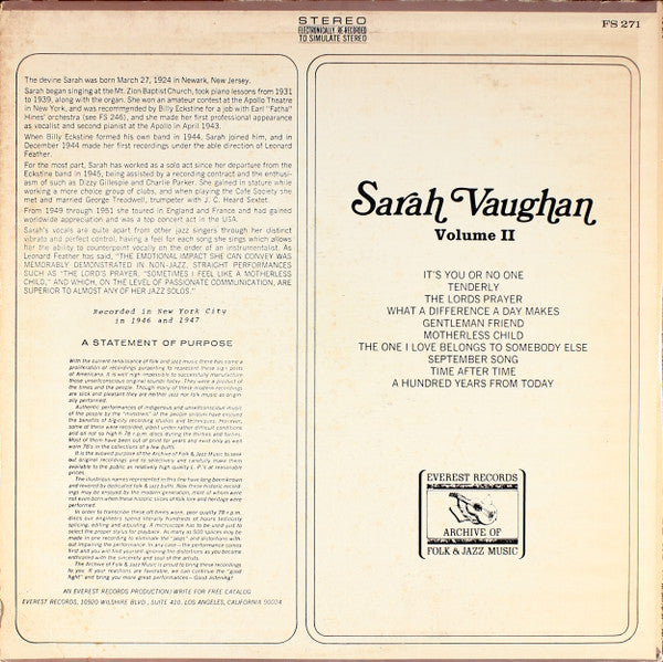 Sarah Vaughan : Volume II (LP, Comp)