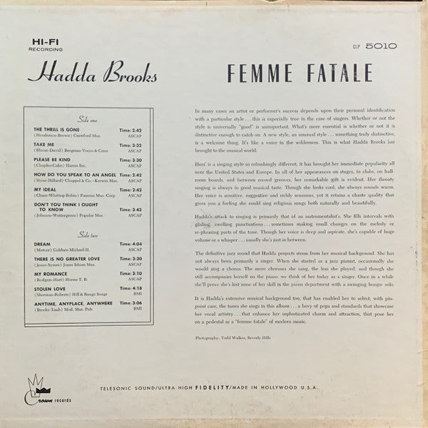 Hadda Brooks : Femme Fatale (LP, Album, Mono)