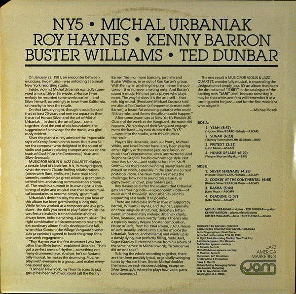 NY5, Michał Urbaniak, Roy Haynes, Kenny Barron, Buster Williams, Ted Dunbar : Music For Violin & Jazz Quartet (LP, Album)