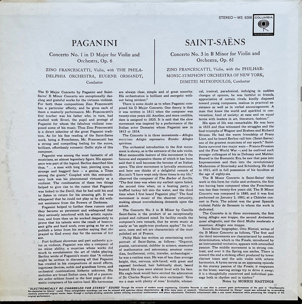 Zino Francescatti Violin - Eugene Ormandy Conducts The Philadelphia Orchestra / Dimitri Mitropoulos Conducts The New York Philharmonic Orchestra / Niccolò Paganini, Camille Saint-Saëns : Paganini Concerto No. 1 In D Major For Violin And Orchestra, Op.6 (LP, RE, Ele)