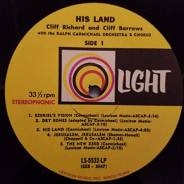 Cliff Richard & Cliff Barrows With Ralph Carmichael Orchestra And The Ralph Carmichael Singers : His Land (LP, Album)