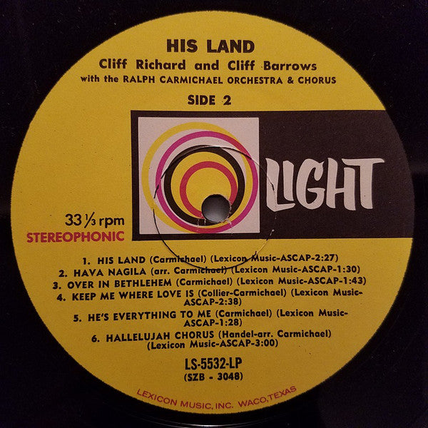 Cliff Richard & Cliff Barrows With Ralph Carmichael Orchestra And The Ralph Carmichael Singers : His Land (LP, Album)