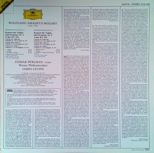 Wolfgang Amadeus Mozart • Wiener Philharmoniker • Itzhak Perlman • James Levine (2) : Violinkonzerte - Violin Concertos Nos. 3 & 5 (LP)