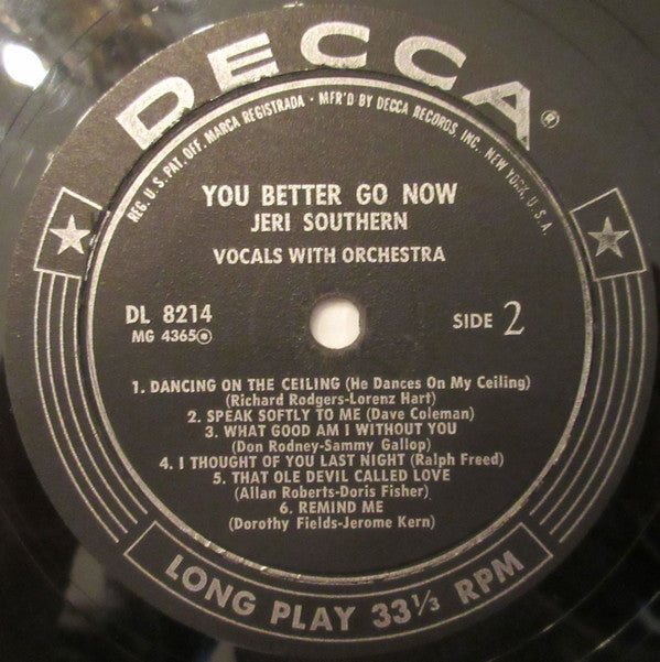 Jeri Southern : You Better Go Now (LP, Album, Mono)