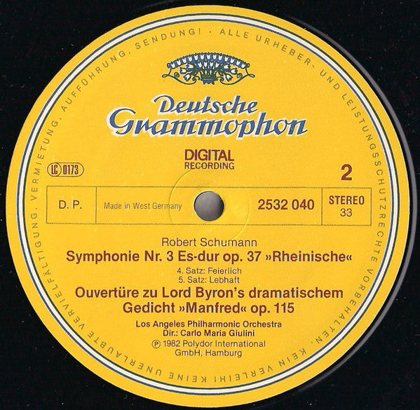 Robert Schumann, Carlo Maria Giulini, Los Angeles Philharmonic Orchestra : Symphonie No. 3 »Rheinische« / Manfred-Ouvertüre (LP, RP)