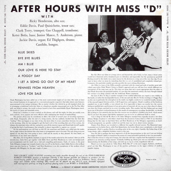 Dinah Washington : After Hours With Miss "D" (LP, Album, Mono, RP)