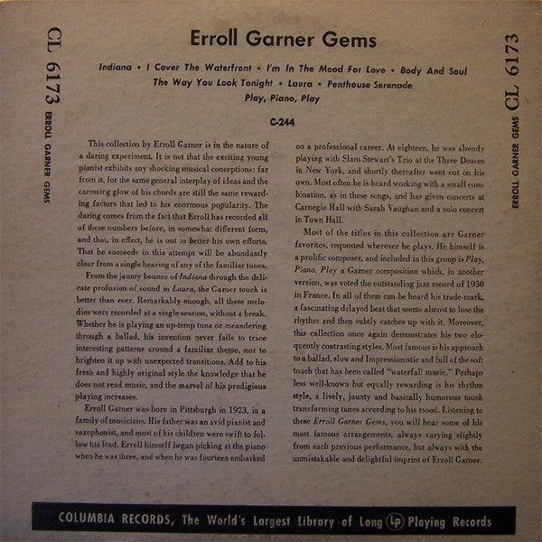 Erroll Garner : Erroll Garner Gems (10", Album, RP)