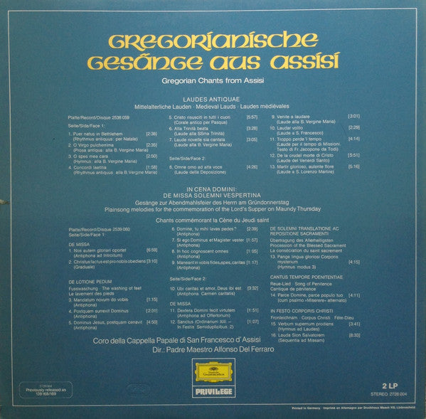 Coro Cappella Papale Di San Francesco D'Assisi : Gregorianische Gesänge Aus Assisi (2xLP, RE, Gat)