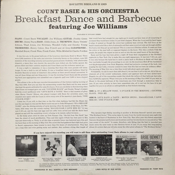 Count Basie Orchestra Featuring Joe Williams : Breakfast Dance And Barbecue (LP, Album, Mono)