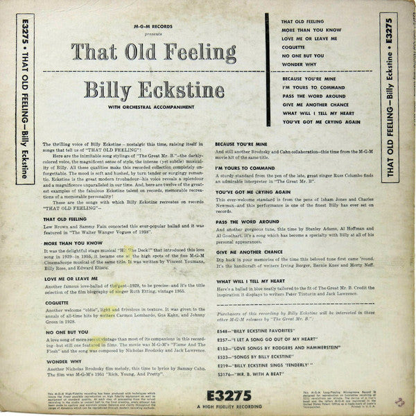 Billy Eckstine : That Old Feeling (LP, Album, Mono)