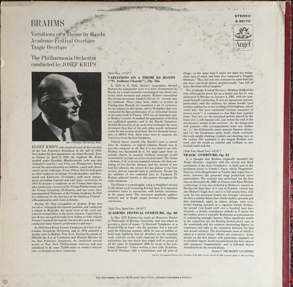 Johannes Brahms, Philharmonia Orchestra, Josef Krips : Variations On A Theme By Haydn / Academic Festival Overture / Tragic Overture (LP)