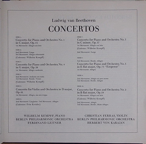 Ludwig van Beethoven - Ferdinand Leitner, Herbert Von Karajan, Berliner Philharmoniker, Wilhelm Kempff, Christian Ferras : Concertos (5xLP, Aut + Box, Comp)