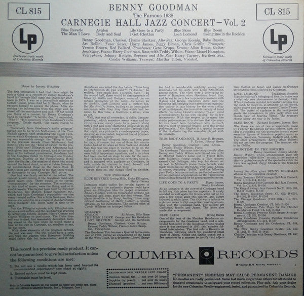 Benny Goodman : The Famous 1938 Carnegie Hall Jazz Concert - Volume 2 (LP, Mono, RE, RP)