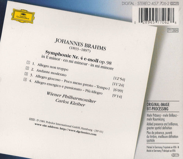 Johannes Brahms – Wiener Philharmoniker, Carlos Kleiber : Symphonie No. 4 (CD, Album, RE, RM)