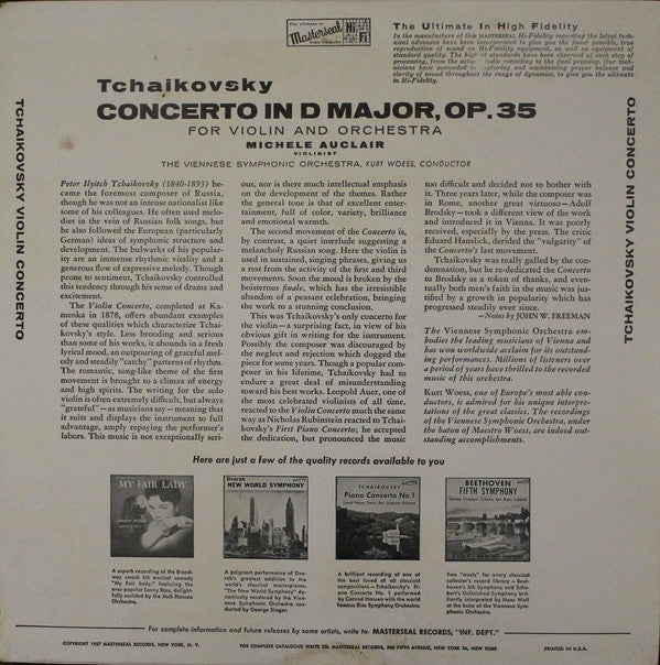 Pyotr Ilyich Tchaikovsky - Michèle Auclair, Tonkünstler Orchestra : Concerto In D Major, Op.35 (LP, Album)