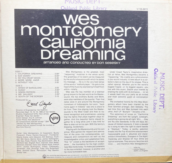 Wes Montgomery : California Dreaming (LP, Album, MGM)