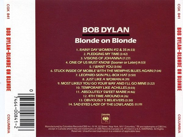 Bob Dylan : Blonde On Blonde (CD, Album, RE)