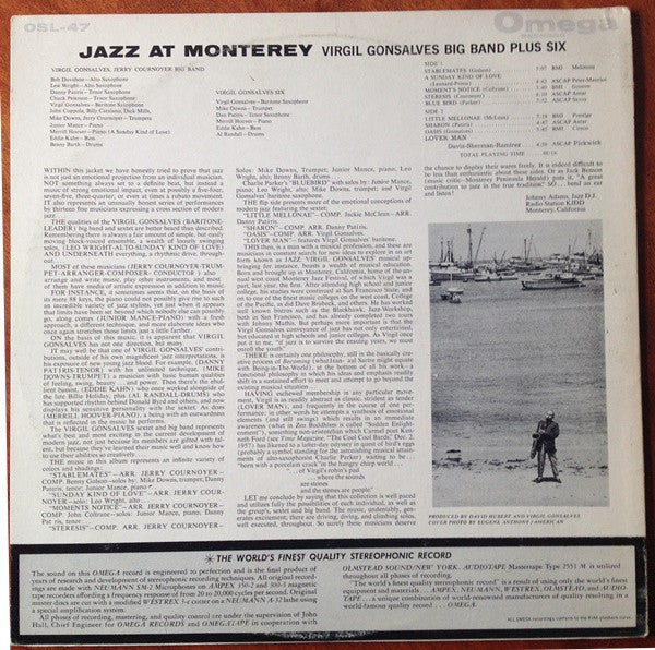 Virgil Gonsalves Big Band Plus Virgil Gonsalves Sextet : Jazz At Monterey  (LP, Album)