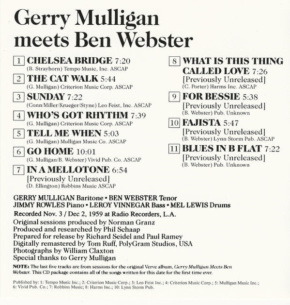 Gerry Mulligan, Ben Webster : Gerry Mulligan Meets Ben Webster (CD, Album, RE, RM)