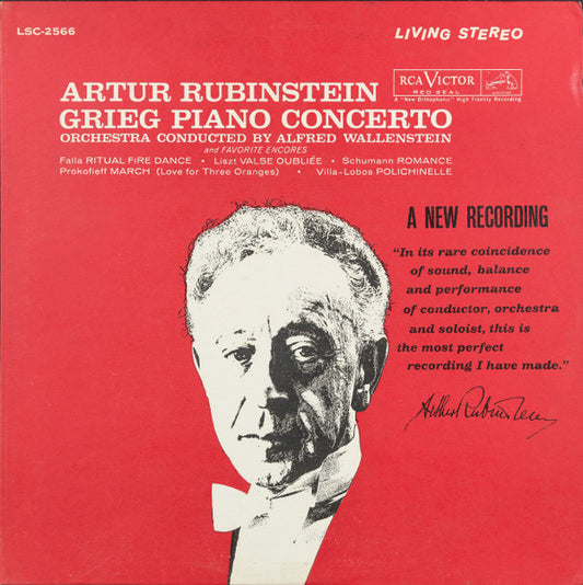 Arthur Rubinstein, Alfred Wallenstein, Edvard Grieg, Manuel De Falla, Franz Liszt, Robert Schumann, Sergei Prokofiev, Heitor Villa-Lobos : Grieg Piano Concerto and Favorite Encores (LP, Ind)