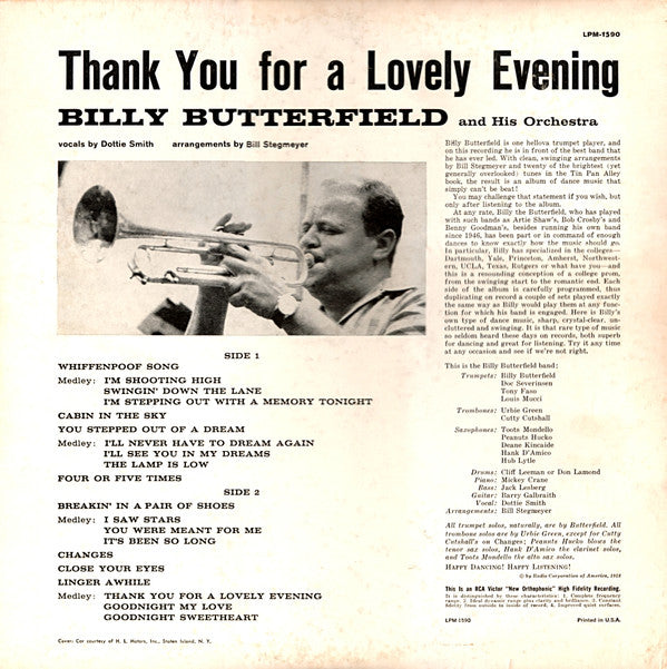 Billy Butterfield And His Orchestra : Thank You For A Lovely Evening (LP, Album, Mono)