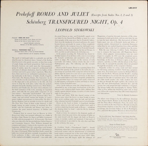 Leopold Stokowski, Sergei Prokofiev, Arnold Schoenberg : Romeo And Juliet / Transfigured Night (LP, Album, Mono)