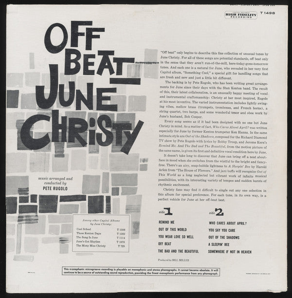 June Christy : Off Beat (LP, Album, Mono)