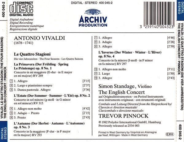 Antonio Vivaldi - The English Concert, Simon Standage, Trevor Pinnock : Le Quattro Stagioni = Die Vier Jahrezeiten = The Four Seasons = Les Quatre Saisons (CD, Album, RE)