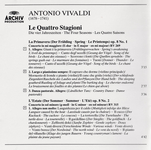 Antonio Vivaldi - The English Concert, Simon Standage, Trevor Pinnock : Le Quattro Stagioni = Die Vier Jahrezeiten = The Four Seasons = Les Quatre Saisons (CD, Album, RE)