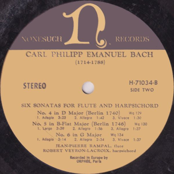 Carl Philipp Emanuel Bach, Jean-Pierre Rampal, Robert Veyron-Lacroix : Six Sonatas For Flute And Harpsichord (LP, RP)