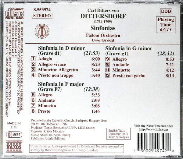 Carl Ditters von Dittersdorf - Failoni Chamber Orchestra, Budapest, Uwe Grodd : Sinfonia In D Minor / Sinfonia In F Major / Sinfonia In G Minor (CD)