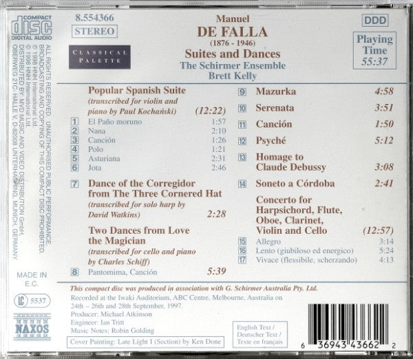 Manuel De Falla - The Schirmer Ensemble, Brett Kelly : Popular Spanish Suite /Three Pieces Piano / Psyché / Concerto For Harpsichord (CD)