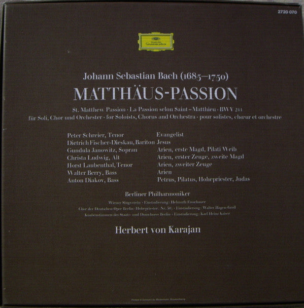 Johann Sebastian Bach, Gundula Janowitz • Christa Ludwig • Peter Schreier • Horst R. Laubenthal • Dietrich Fischer-Dieskau • Walter Berry • Anton Diakov, Wiener Singverein • Berliner Philharmoniker, Herbert Von Karajan : Matthäus-Passion=St. Matthew Passion=La Passion Selon Saint Matthieu (4xLP, Album + Box)