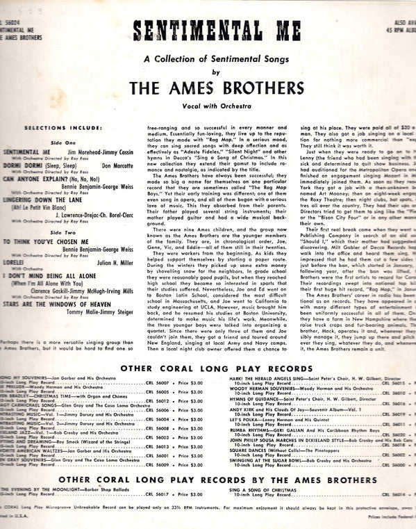 The Ames Brothers : Sentimental Me (10", Album)