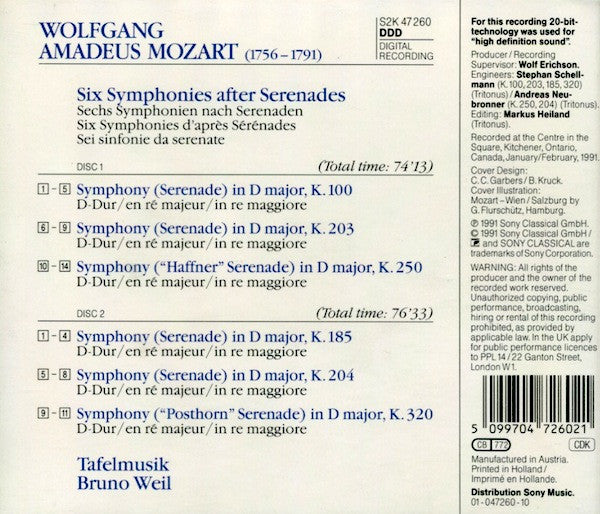 Wolfgang Amadeus Mozart, Tafelmusik Baroque Orchestra, Bruno Weil : Six Symphonies After Serenades K. 100, 185, 203, 204, 250, 320 (2xCD, Album)