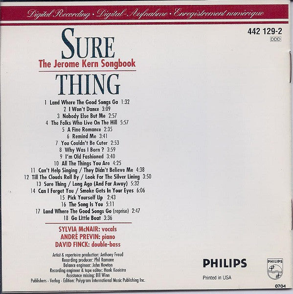 Sylvia McNair, André Previn, David Finck : Sure Thing: The Jerome Kern Songbook (CD, Album)