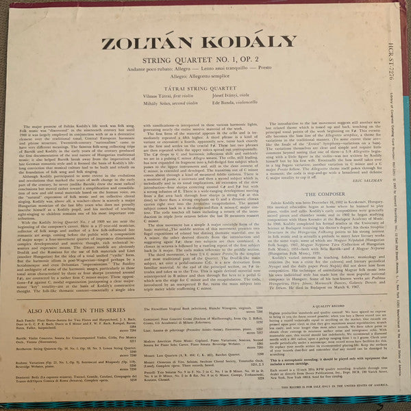 Zoltán Kodály - Tátrai Quartet : String Quartet No. 1, Op. 2 (LP)