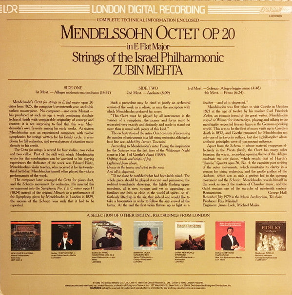 Zubin Mehta, Felix Mendelssohn-Bartholdy, The Strings Of The Israel Philharmonic Orchestra :  Octet Op 20 (LP)