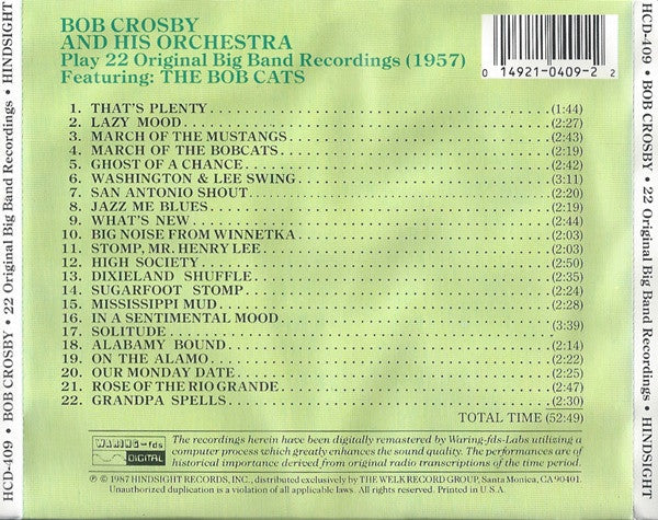 Bob Crosby And His Orchestra : 22 Original Big-Band Recordings (CD, Comp, RM)