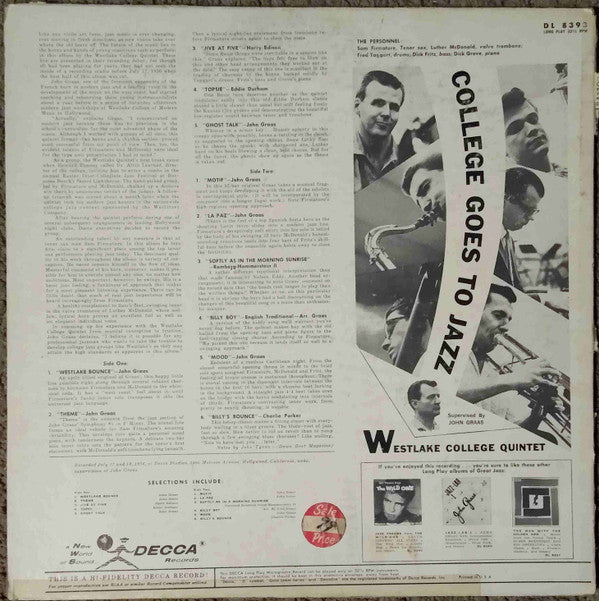 Westlake College Quintet : College Goes To Jazz (LP, Album, Mono, Styrene)