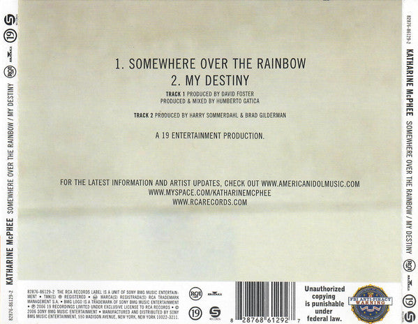 Katharine McPhee : Somewhere Over The Rainbow / My Destiny (CD, Single)