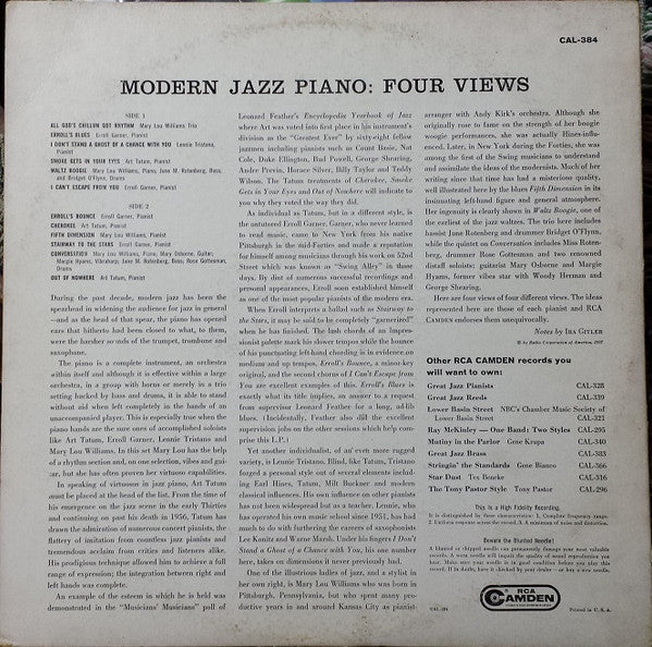 Mary Lou Williams / Art Tatum / Erroll Garner / Lennie Tristano : Modern Jazz Piano: Four Views (LP, Comp, Mono)