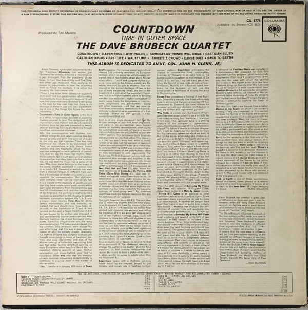 The Dave Brubeck Quartet : Countdown Time In Outer Space (LP, Album, Mono)