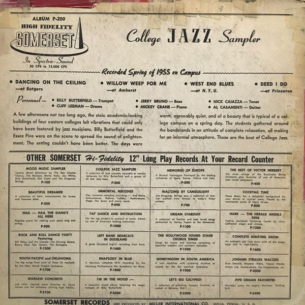 Billy Butterfield And The Essex Five : College Jazz Sampler (LP, Album, Mono)