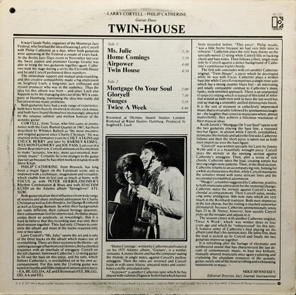 Larry Coryell - Philip Catherine : Twin-House (LP, Album, Promo, Spe)