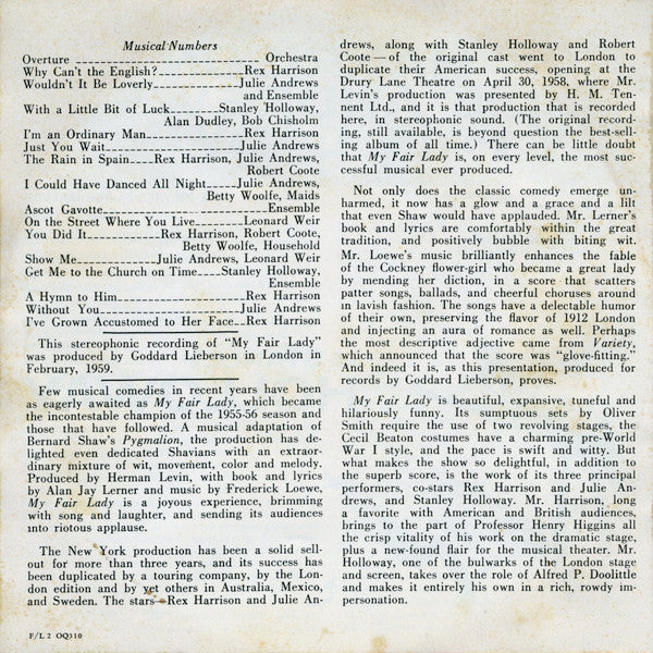 "My Fair Lady" Original London Cast, Rex Harrison, Julie Andrews With Stanley Holloway Book And Lyrics By Alan Jay Lerner Music By Frederick Loewe : My Fair Lady (Reel, 4tr Stereo, 7" Reel, Album)