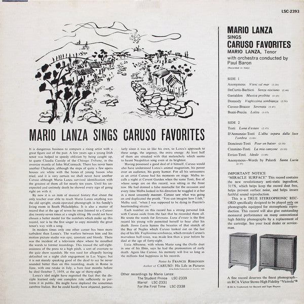 Mario Lanza : Mario Lanza Sings Caruso Favorites (LP)