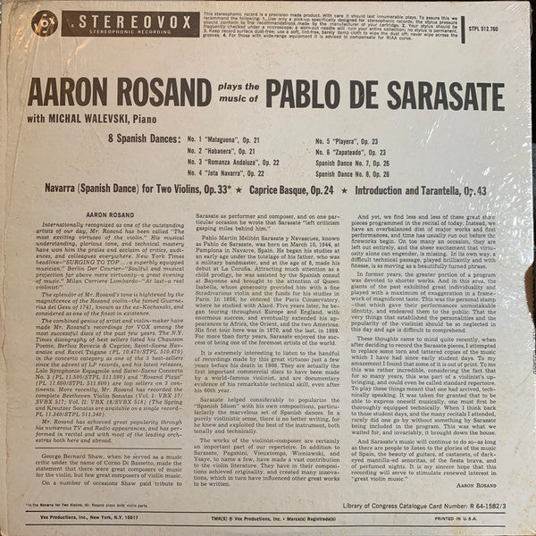 Aaron Rosand, Pablo de Sarasate : Aaron Rosand Plays the Music of Pablo de Sarasate (LP, Album, Pur)