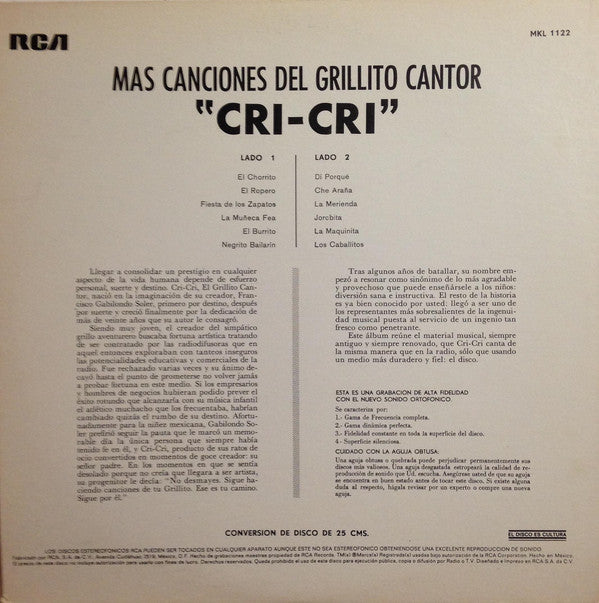 Francisco Gabilondo Soler : Más Canciones de El Grillito Cantor (LP, RE)